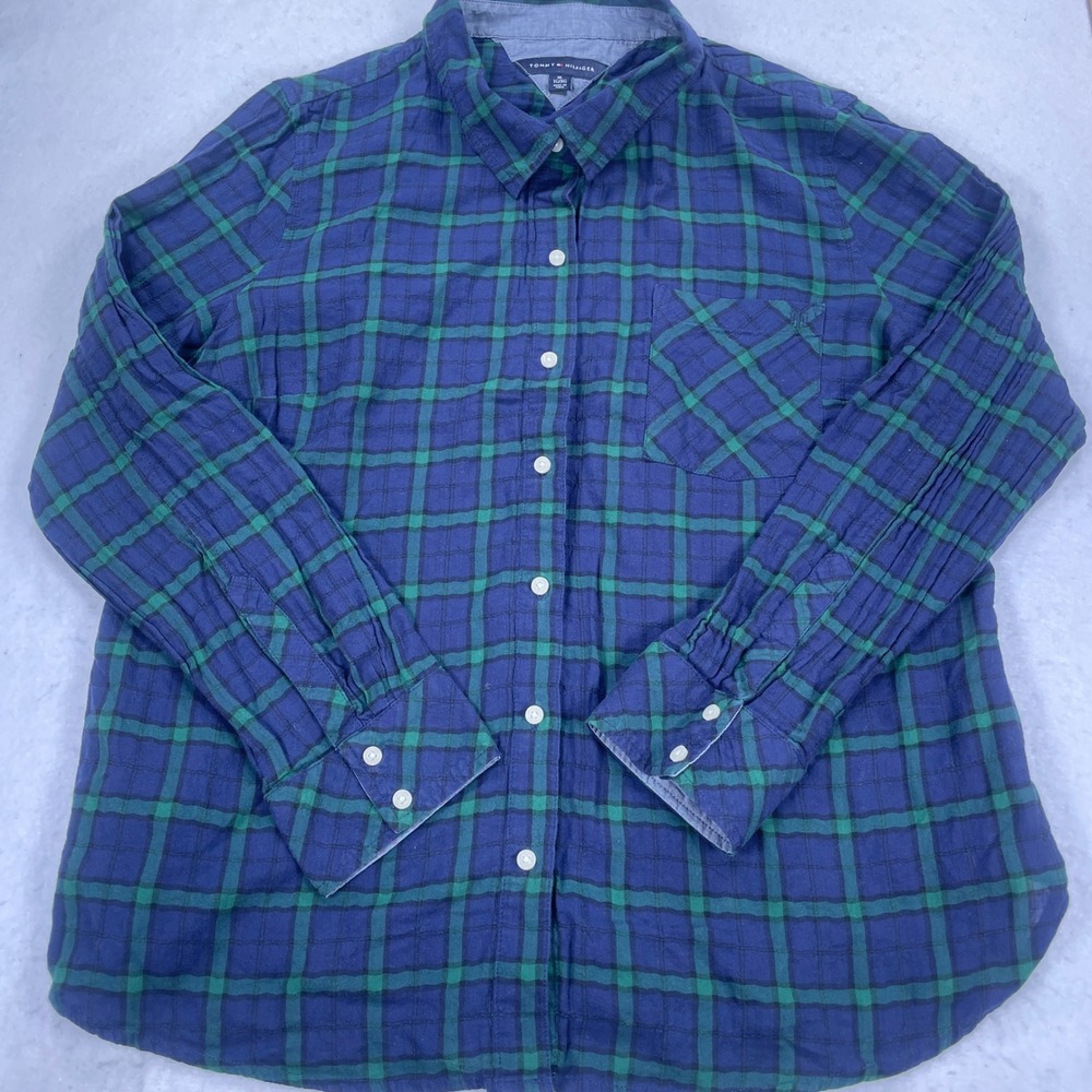 Tommy Hilfiger Womens Blue Green Plaid Button Down Shirt XL Long Sleeve Cotton